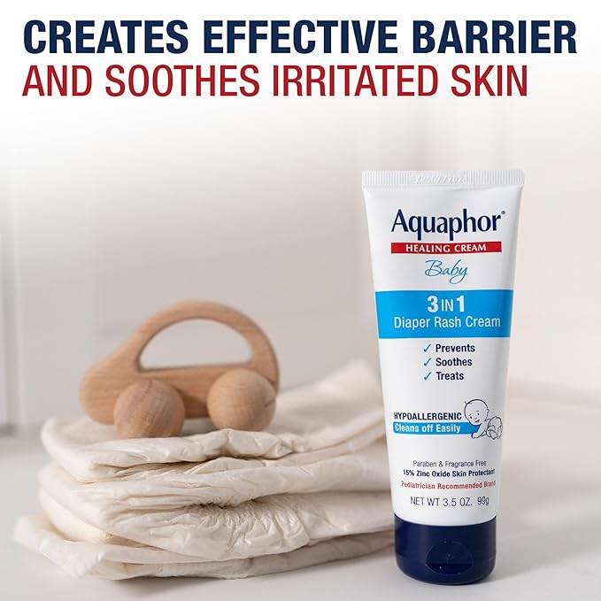 Aquaphor Baby 3-in-1 Diaper Rash Cream, 3.5 oz tube with white and blue packaging