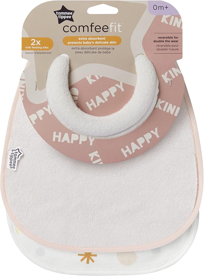 Tommee Tippee Comfeefit milk feeding bibs 2-pack white and pink reversible