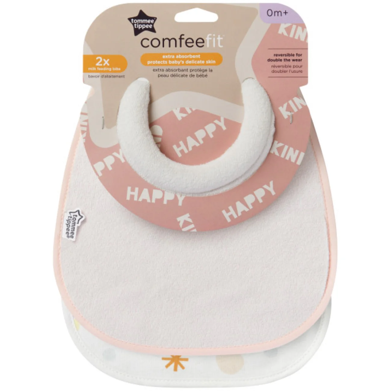 Tommee Tippee Comfeefit milk feeding bibs 2-pack, white and pink, reversible