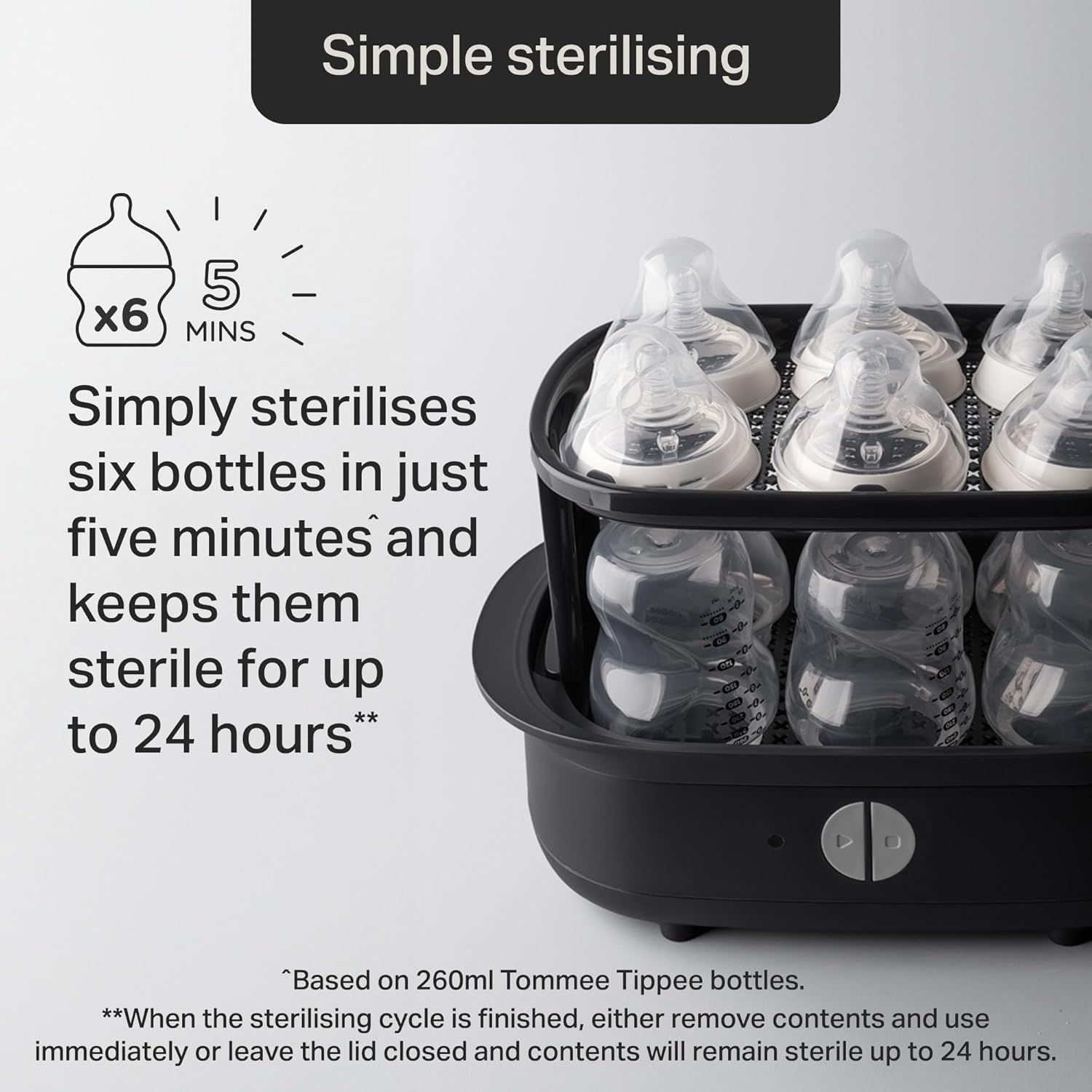 Tommee Tippee Electric Steam Steriliser white with six bottles inside