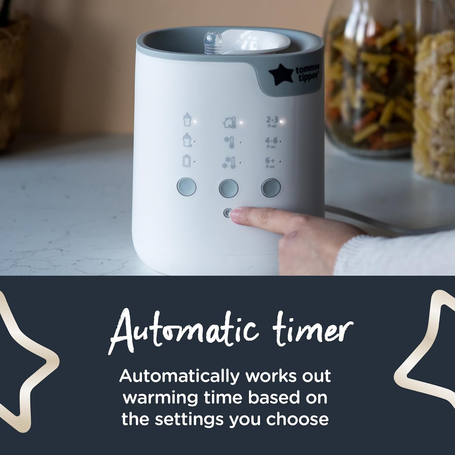 Tommee Tippee 3-in-1 Advanced Pouch and Bottle Warmer, white with control buttons