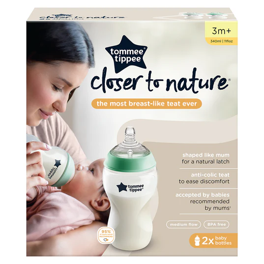 Tommee Tippee Closer to Nature 340ml baby feeding bottles, two-pack, white and green