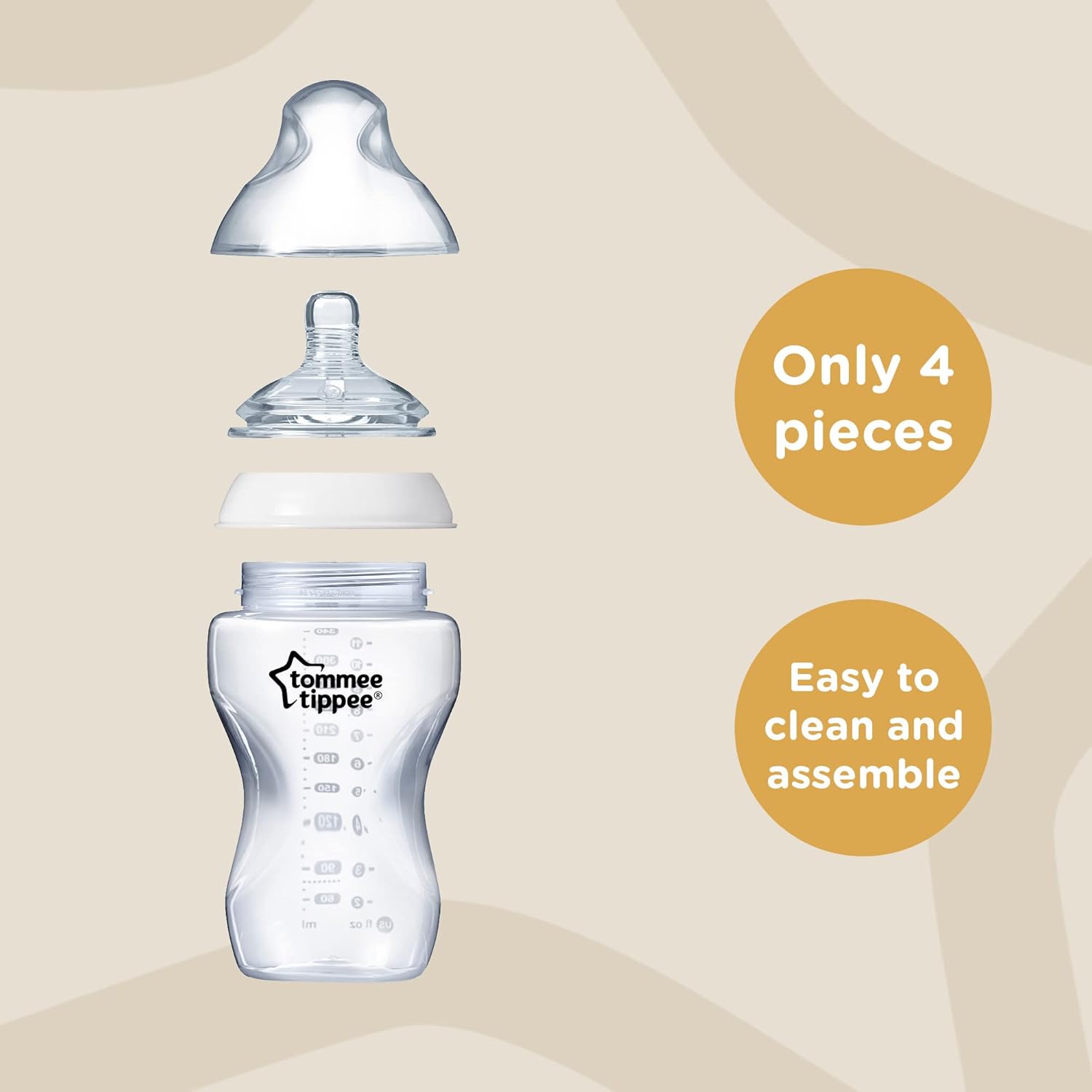 Tommee Tippee Closer to Nature 340ml baby feeding bottle with teats and collar disassembled