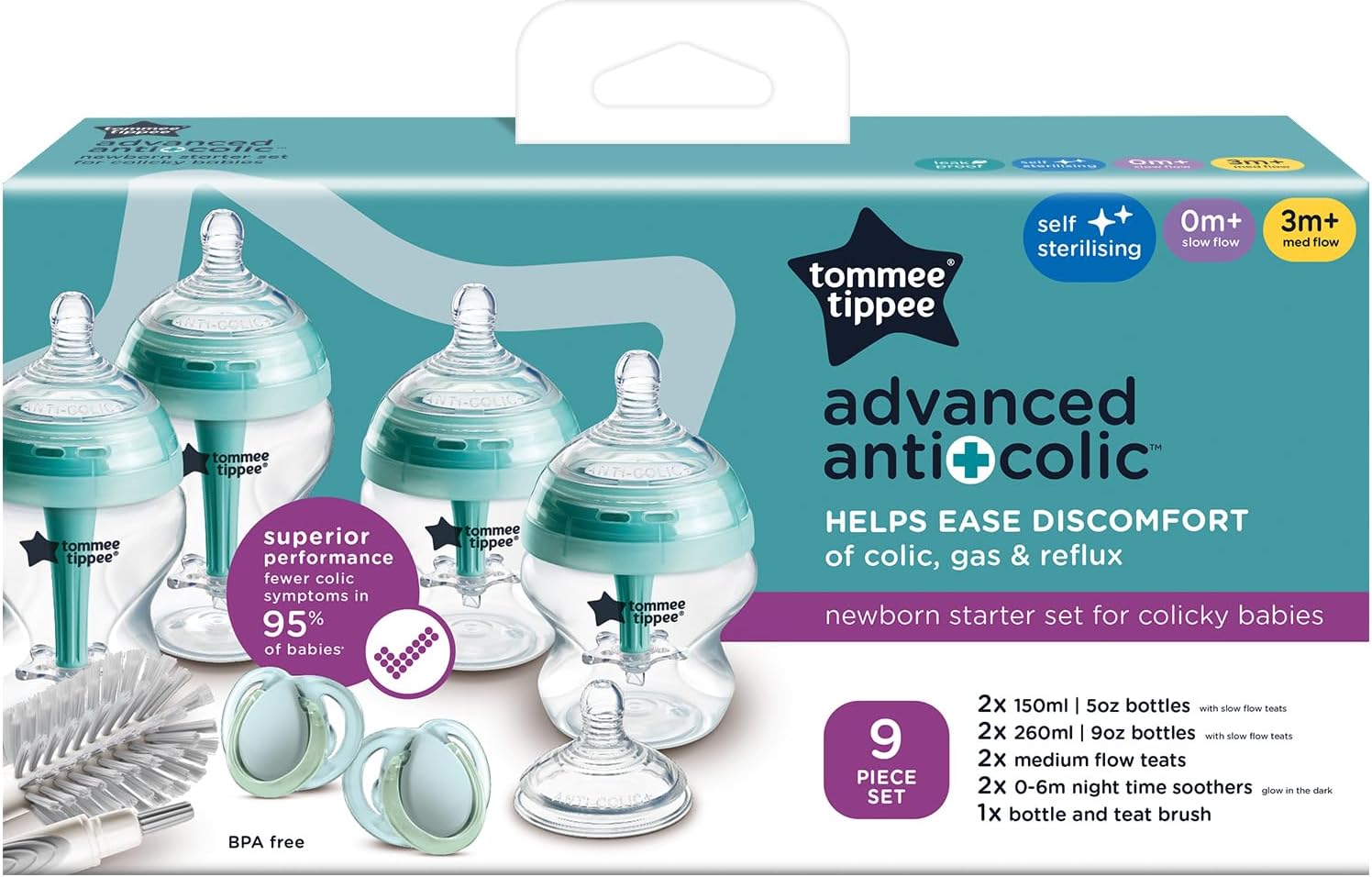 Tommee Tippee Advanced Anti-Colic Newborn Starter Set, nine-piece bottles and accessories kit