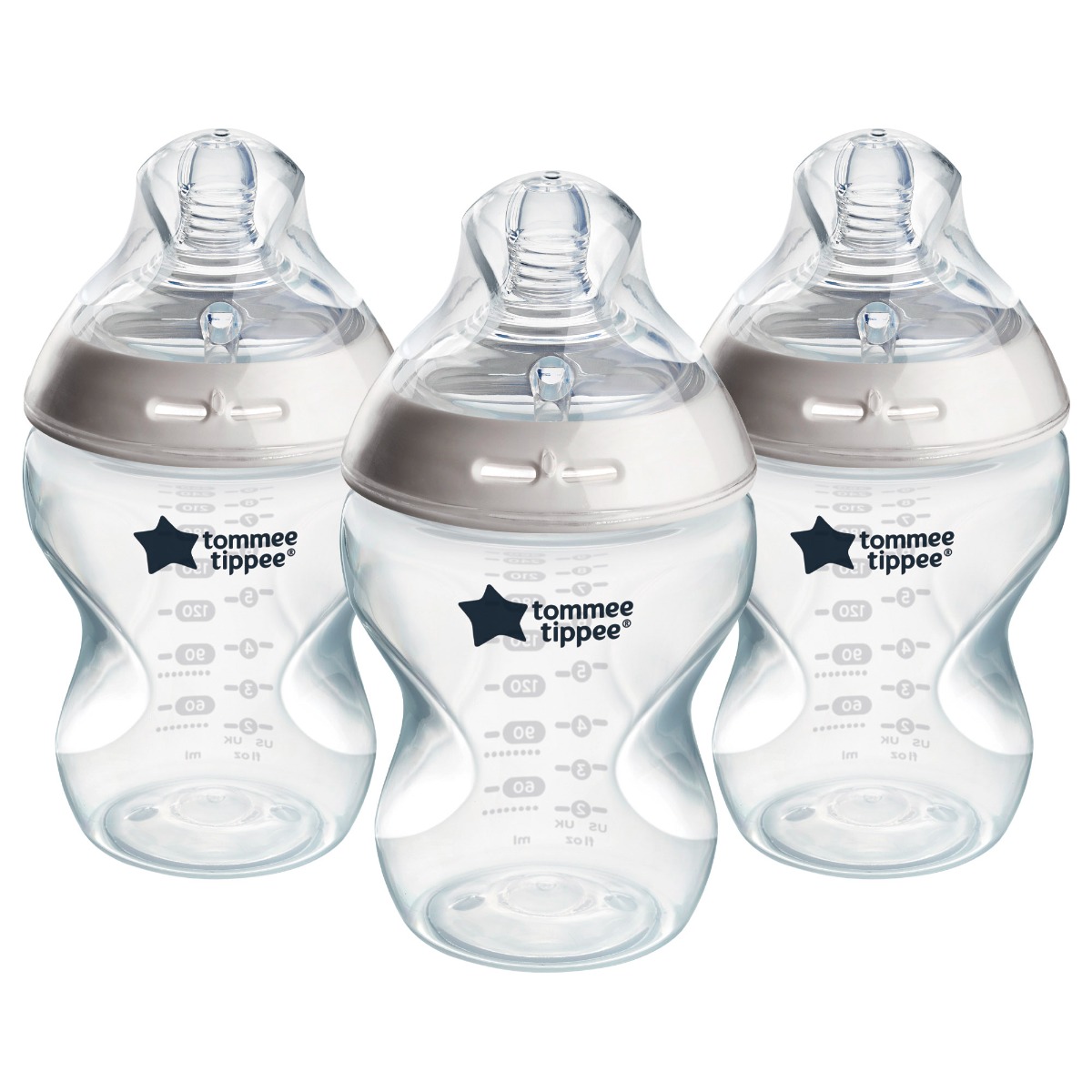 Tommee Tippee Closer to Nature 260ml baby bottles, pack of three, clear with grey accents