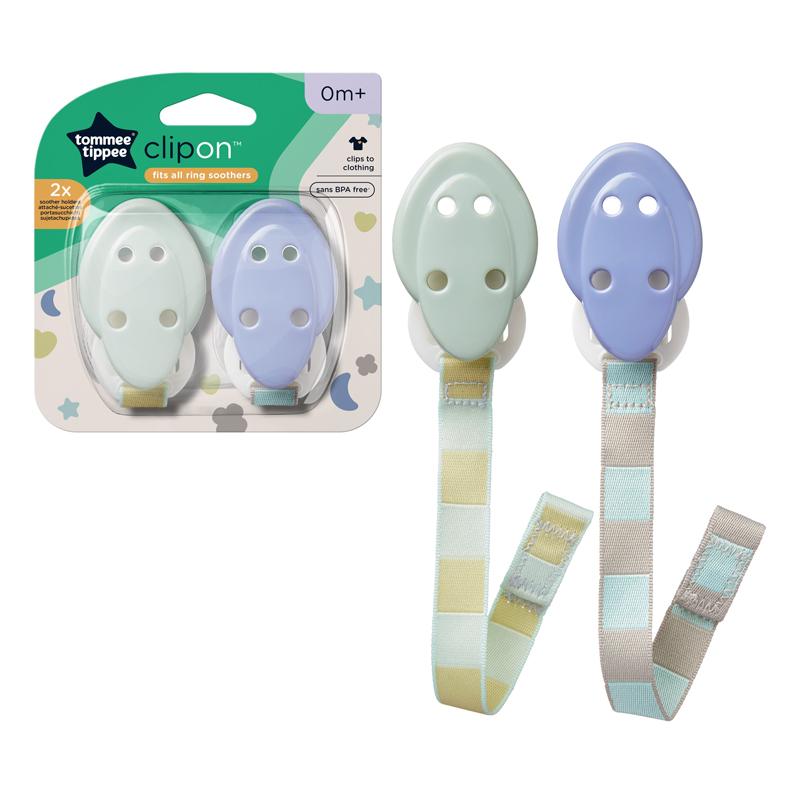Tommee Tippee Clipon soother holder, mint green and lavender, pack of two