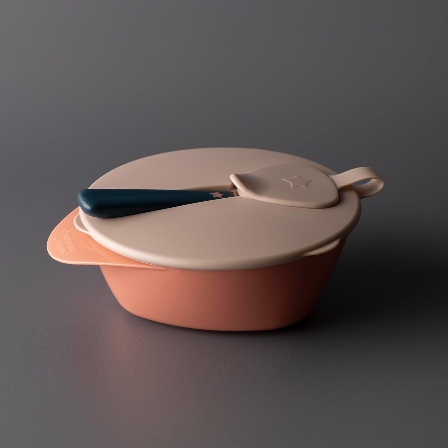 Tommee Tippee Easy Scoop feeding bowl in coral with beige lid and spoon included