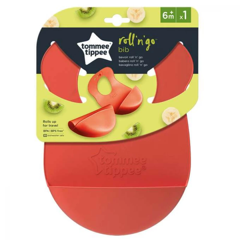 Tommee Tippee Roll n' Go red portable bib with pouch for travel
