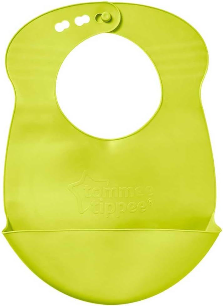Tommee Tippee Roll n' Go lime green silicone baby bib with crumb catcher pouch