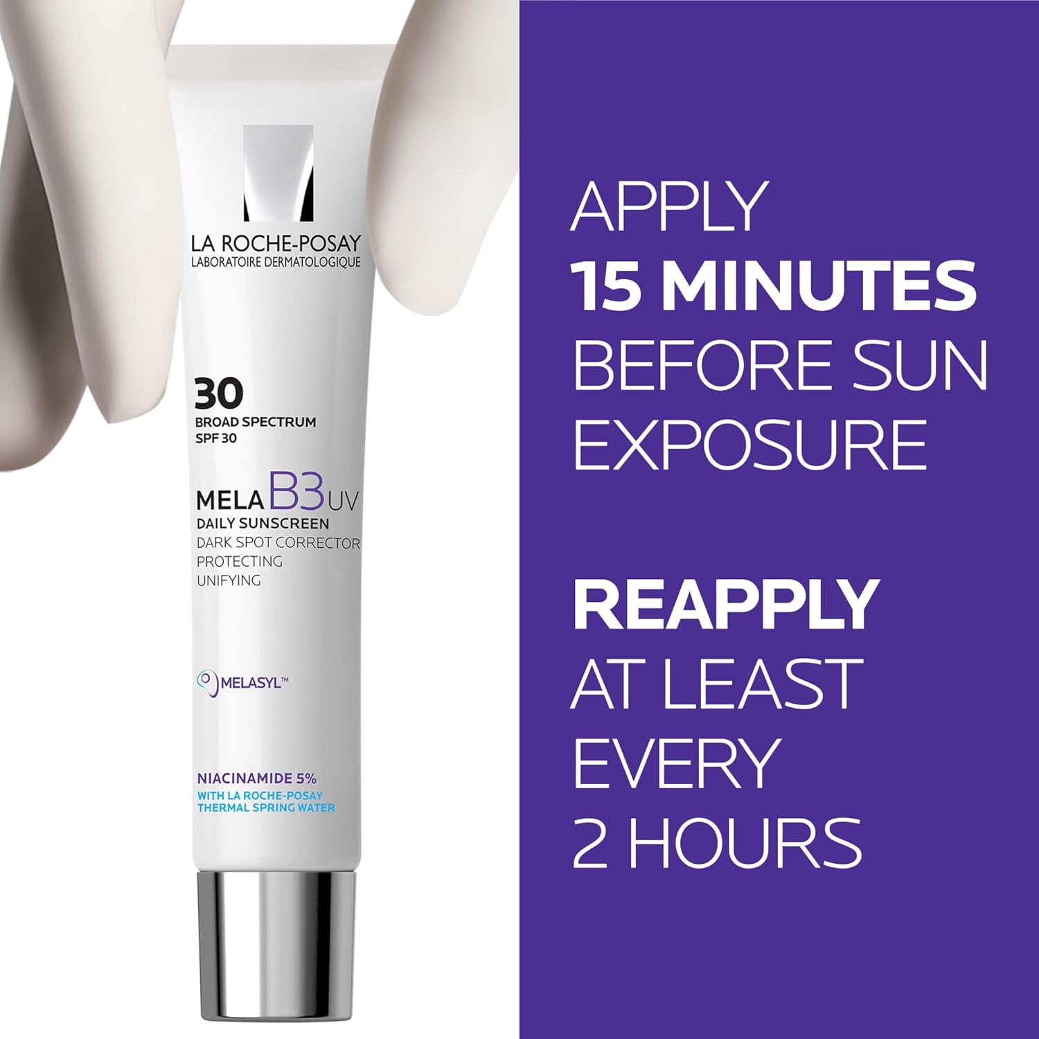 La Roche-Posay Mela B3 UV SPF 30 daily sunscreen tube with applicator