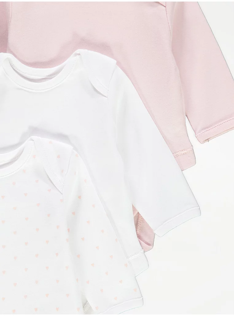 George Baby 3pack long-sleeve bodysuits in white and pink with patterns