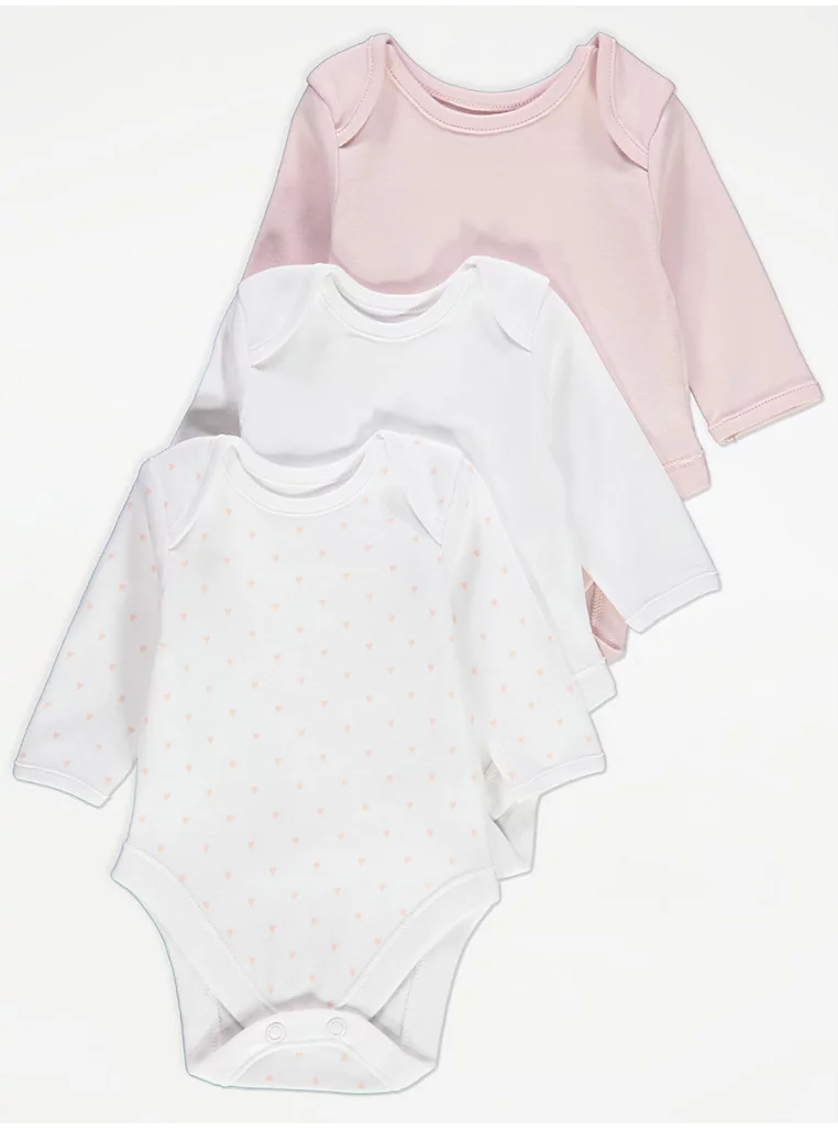 George baby 3pack long-sleeved bodysuits, pink white and patterned white