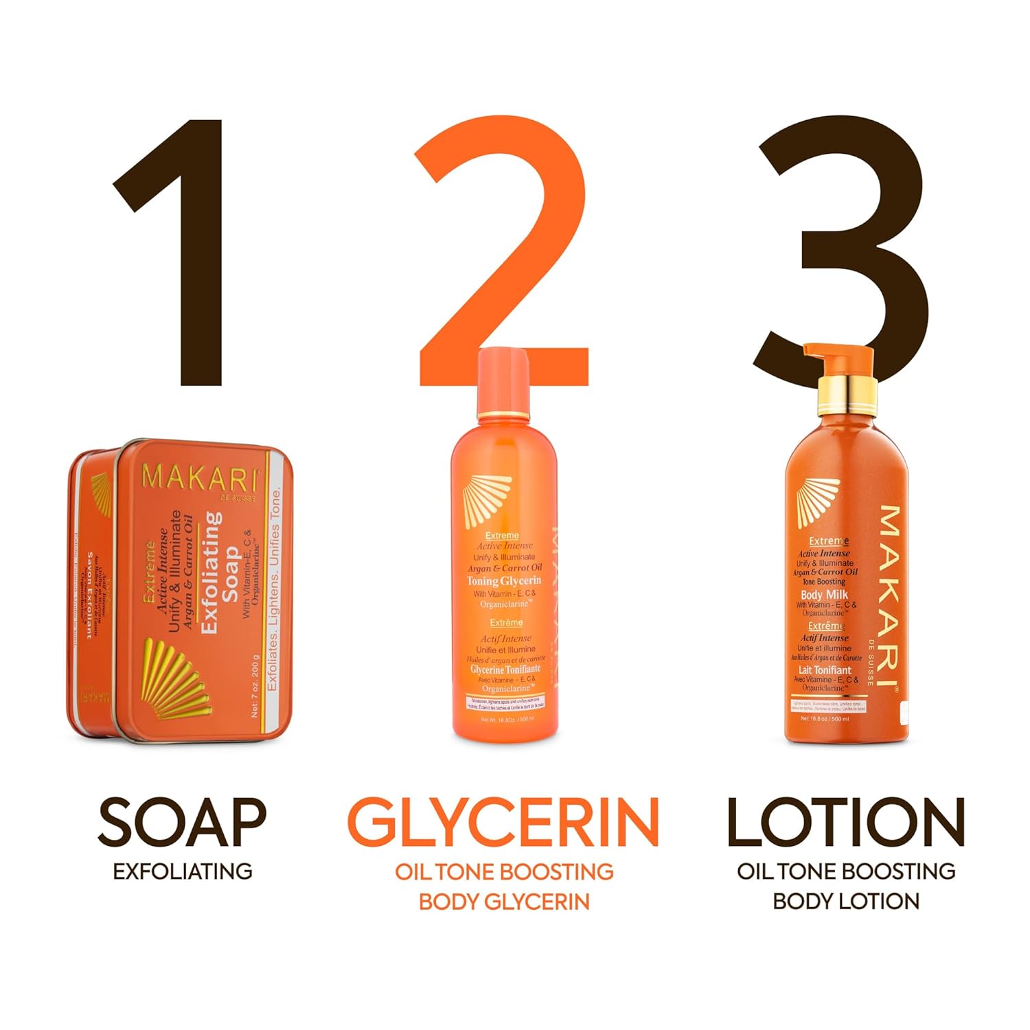 Makari Extreme Argan Carrot Oil Toning Glycerin orange bottle with gold cap