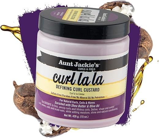 Aunt Jackie's Curl La La Defining Curl Custard 15oz jar with purple label