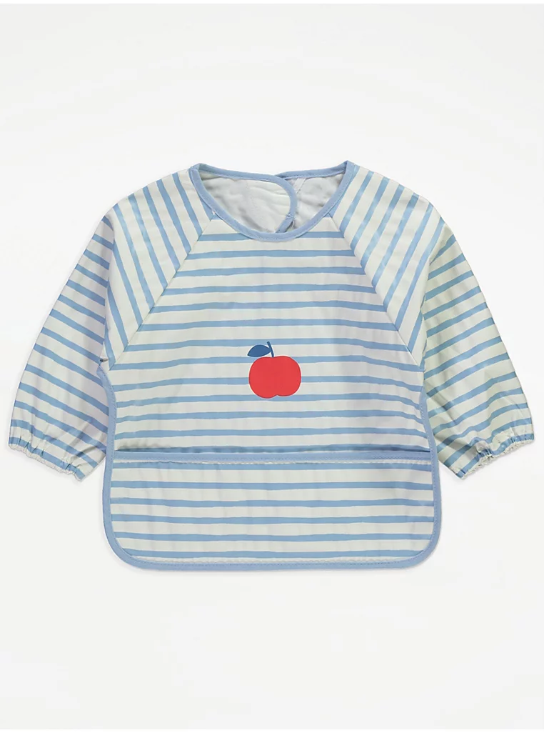 George Baby Ipack blue and white striped coverall bib with red apple design