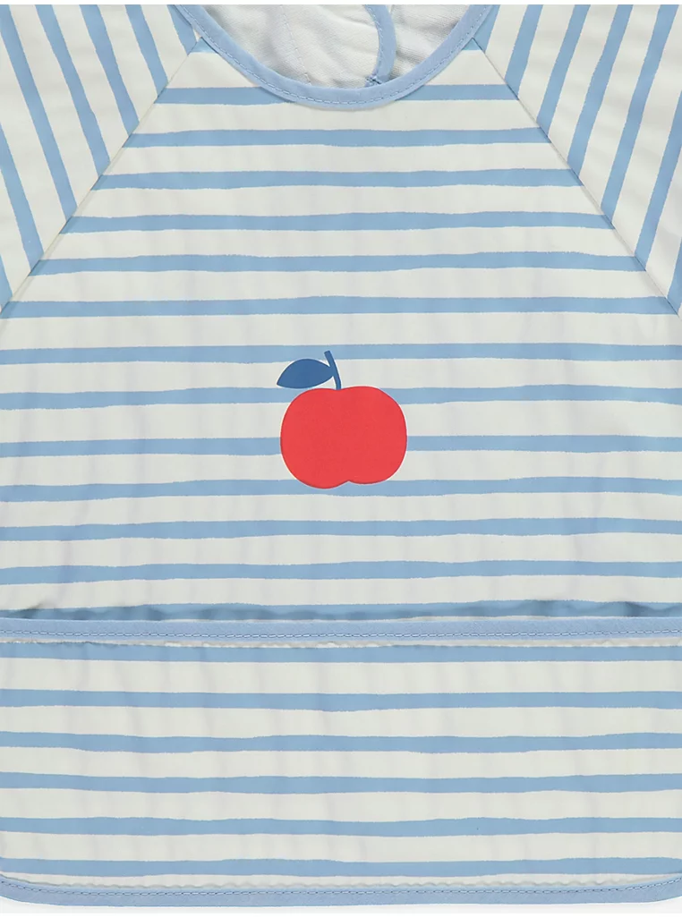 George Baby Ipack blue and white striped coverall bib with apple design