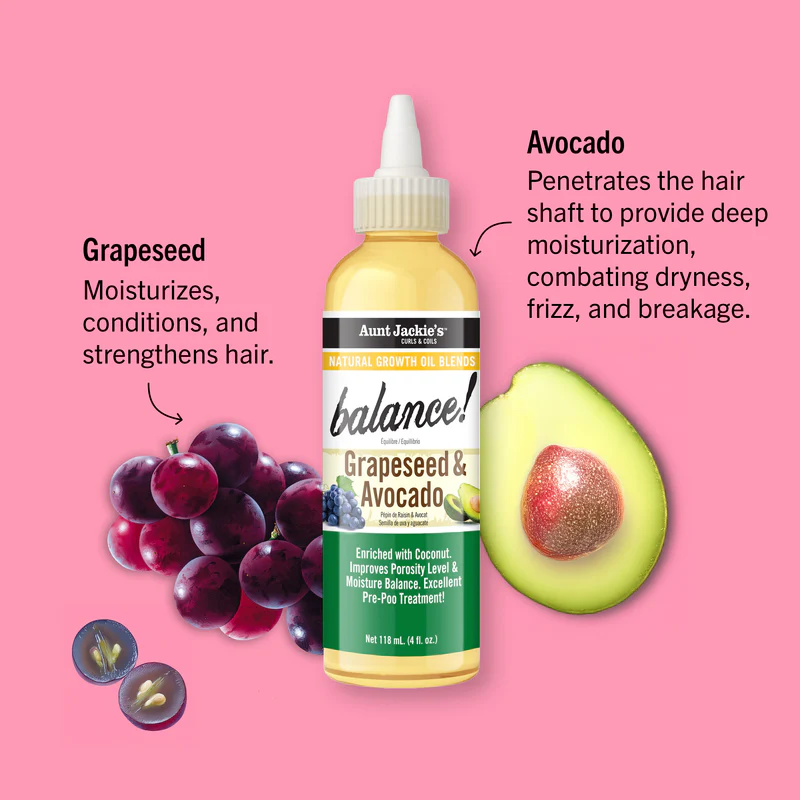 Aunt Jackie's Natural Growth Oil Blends Balance Grapeseed and Avocado pre-shampoo treatment, 4 oz bottle