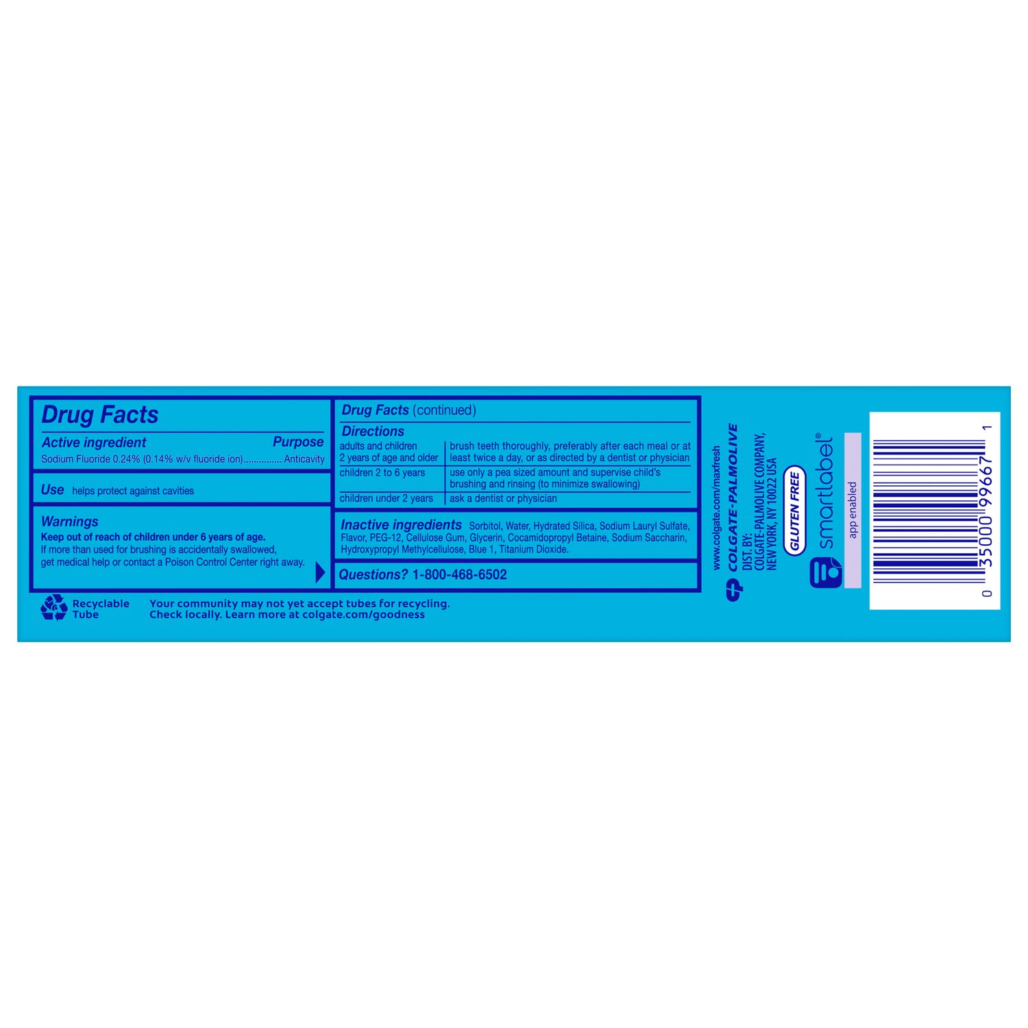 Colgate Max Fresh Breath Strip 206g toothpaste tube back label