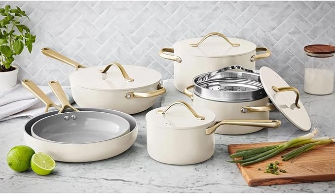 Member's Mark 11-piece modern ceramic cookware set in cream with gold handles