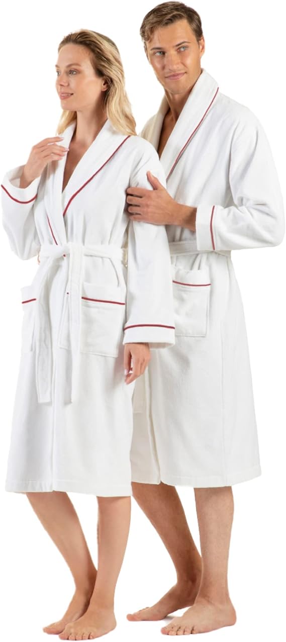 White Pearl Prestige Turkish cotton terry towelling bath robes with red trim