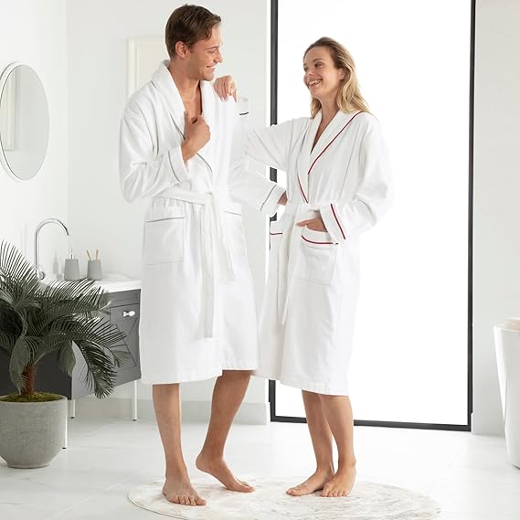 White Pearl Prestige Turkish cotton terry towelling bath robes, pair shown