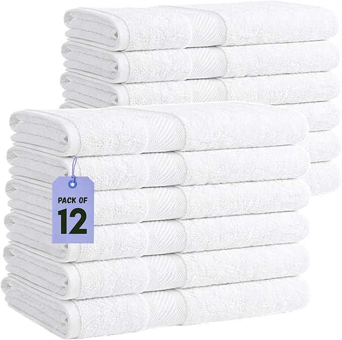 White Pearl Ultimate 600 GSM bath towels, pack of 12, white cotton
​​​