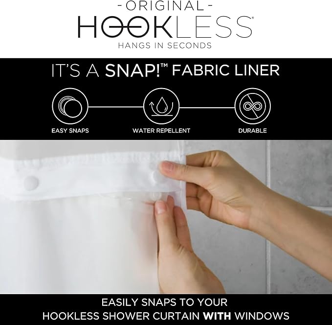 Hookless white shower curtain 180x180cm with water-repellent snap fabric liner