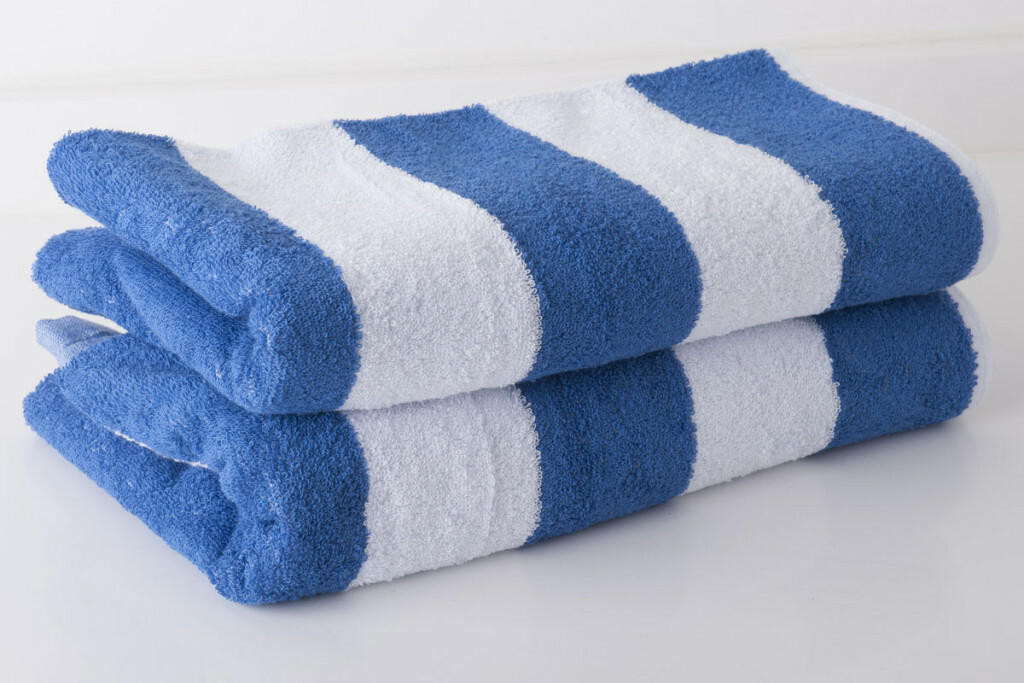 Chlorine resistant pool towels, blue and white striped, set of two
