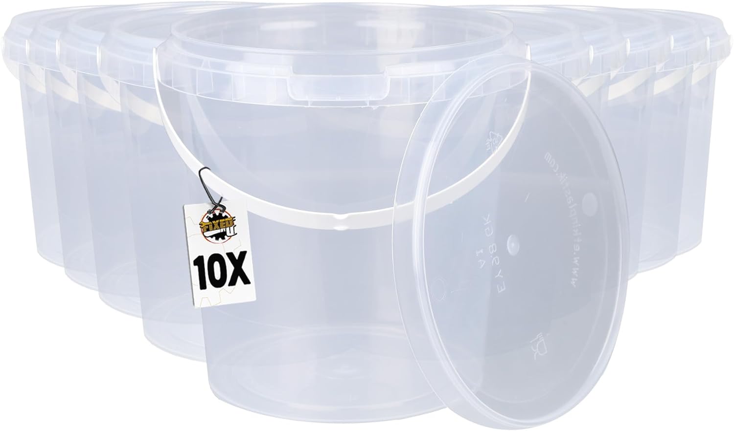 Clear round plastic buckets 10 litre with handles and lids, pack of 10