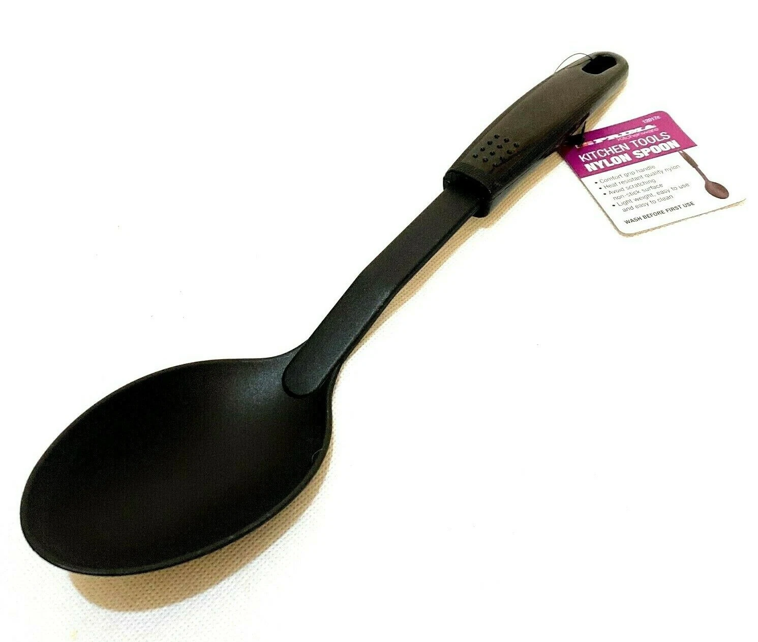 Prima black nylon solid serving spoon with wooden handle