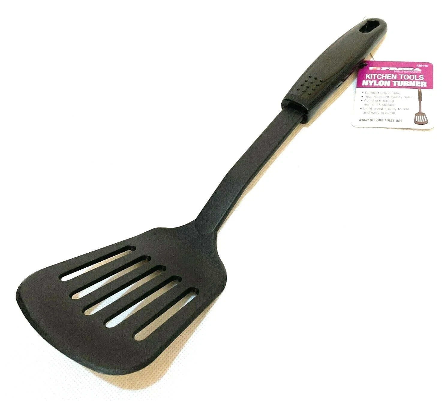 Prima black nylon slotted serving spoon with wooden handle