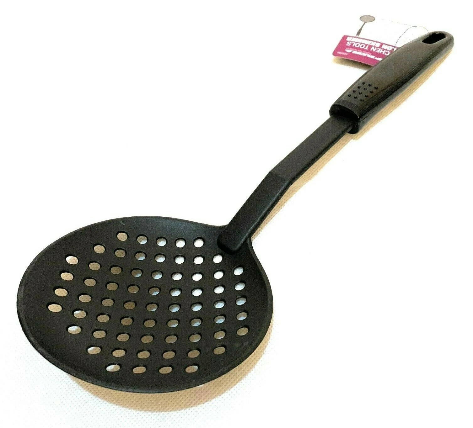 Prima black slotted serving spoon with wooden handle