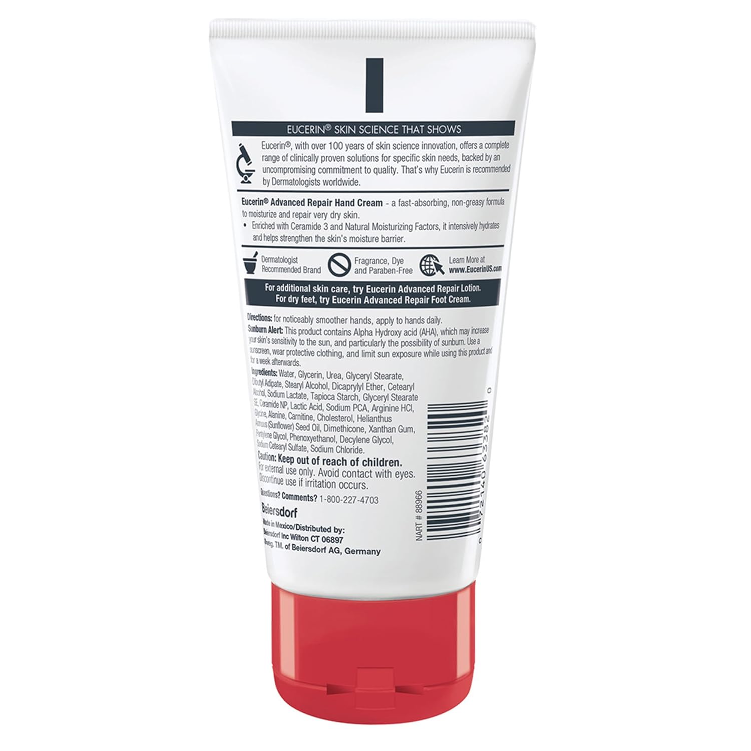 Eucerin Advanced Repair Hand Cream unscented 2.7oz tube with red cap
