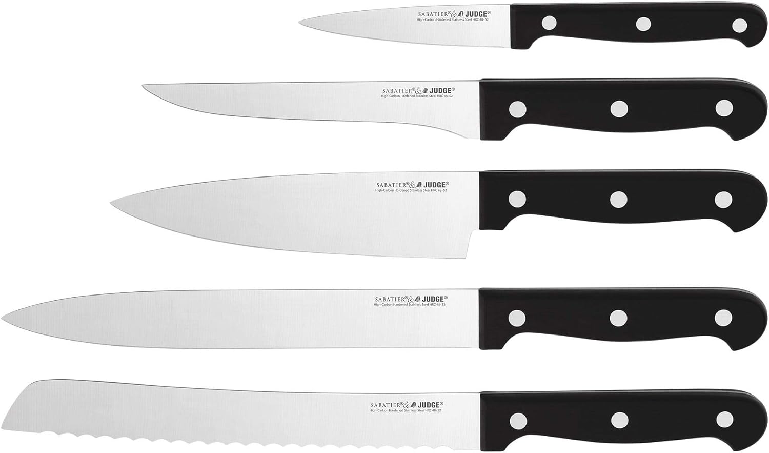 Sabatier Judge five piece kitchen knife set with black handles and stainless steel blades