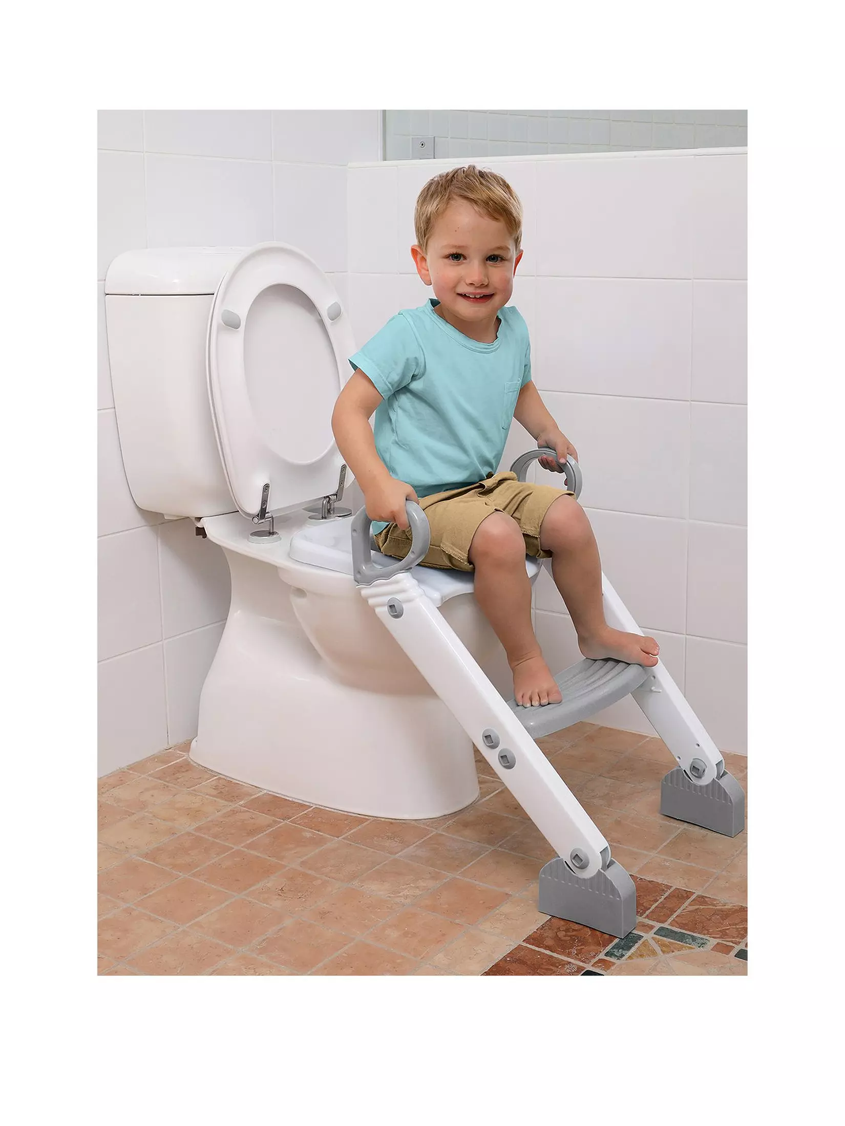 Dreambaby Ladder Step-Up Toilet Trainer in white and grey with handles