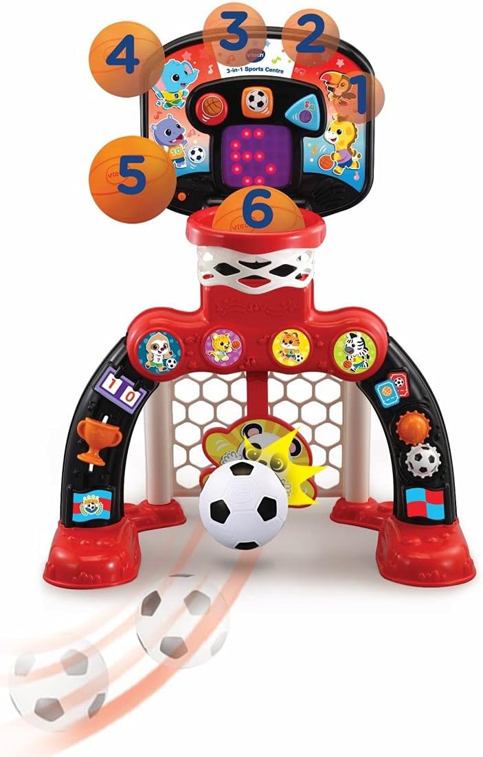 VTech 3-in-1 Sports Centre red and black with basketball hoop and soccer goal