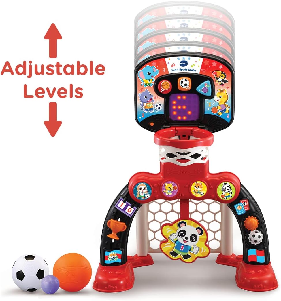 VTech 3-in-1 Sports Centre red and black with adjustable levels and balls