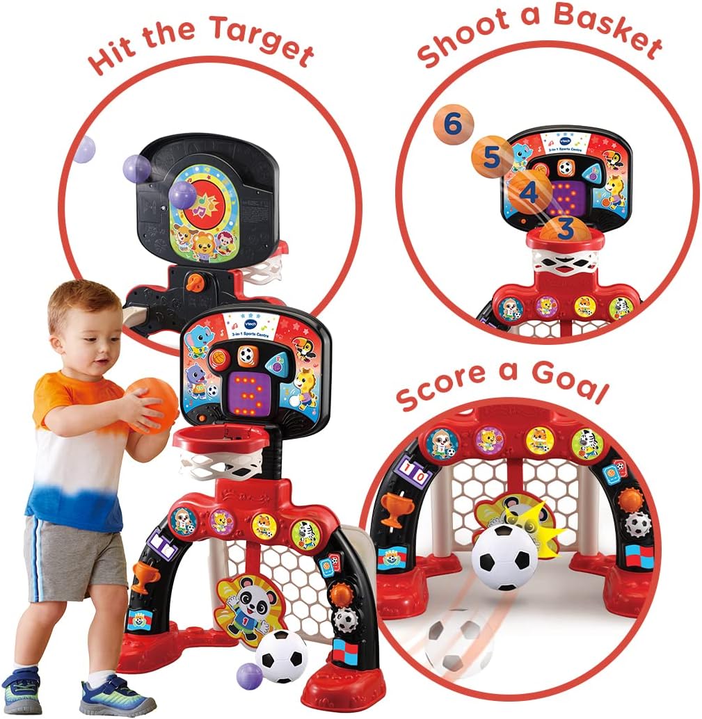 VTech 3-in-1 Sports Centre red and black interactive play system with basketball and football games
