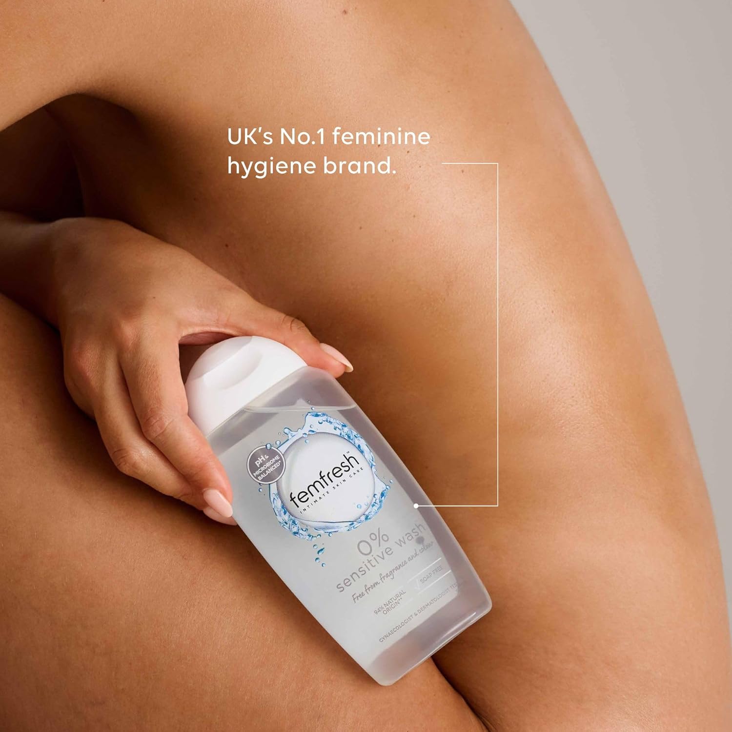 Femfresh Sensitive Wash 250ml white bottle with blue water graphics