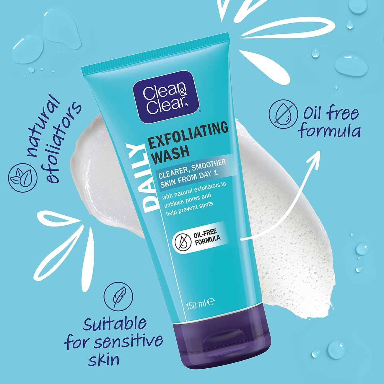 Clean & Clear Daily Exfoliating Wash 150ml turquoise tube with natural exfoliators