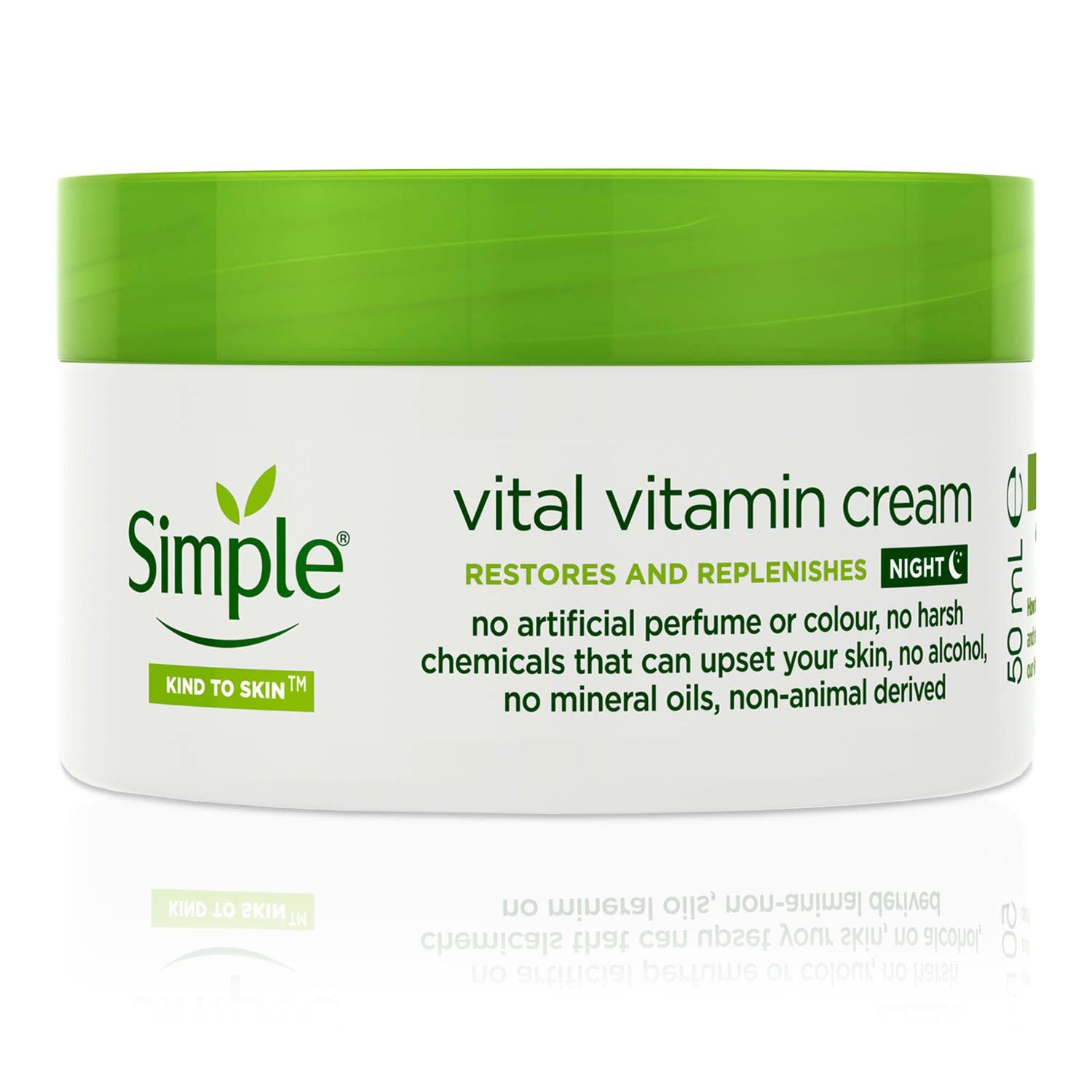 Simple Vital Vitamin Night Cream, 50ml pot with green lid, restores and replenishes skin