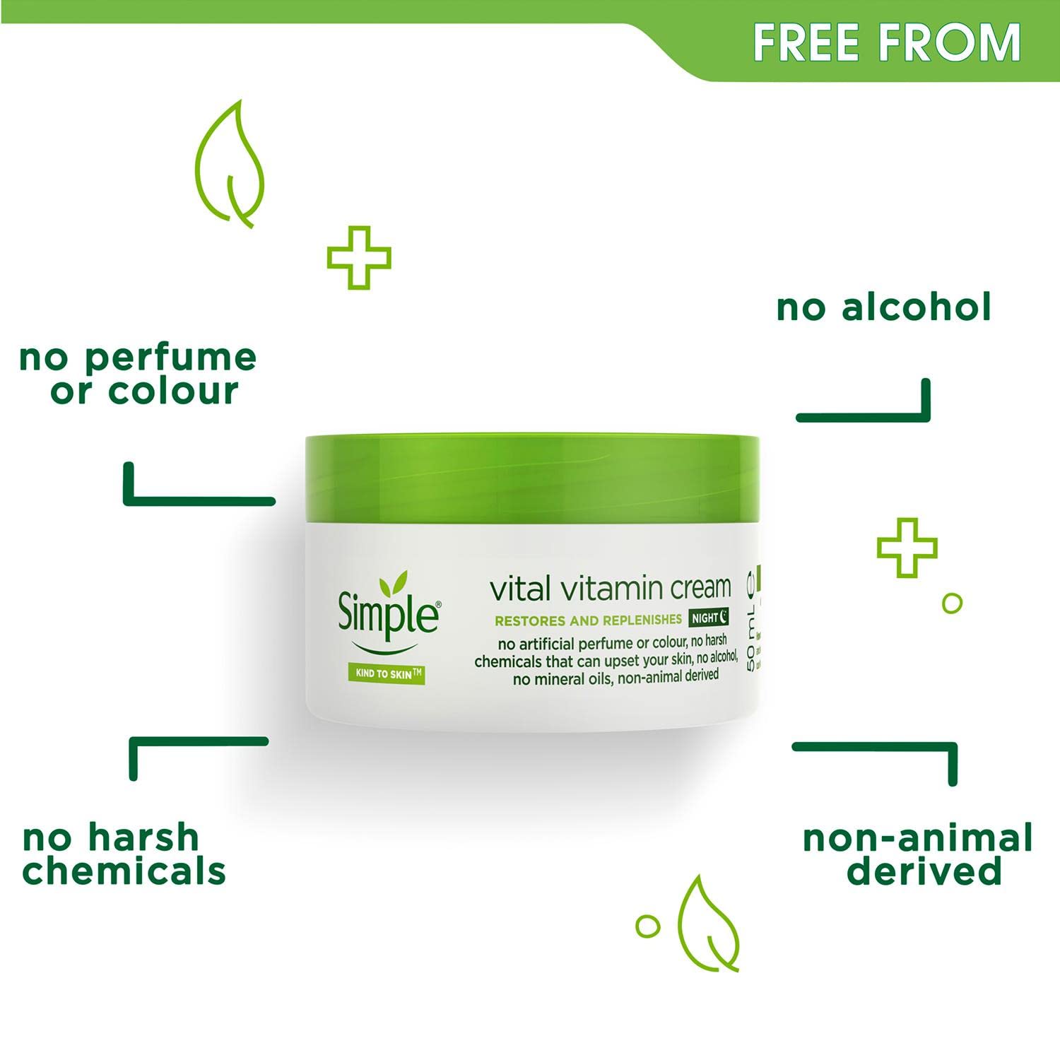 Simple Vital Vitamin Night Cream jar with green lid and white base