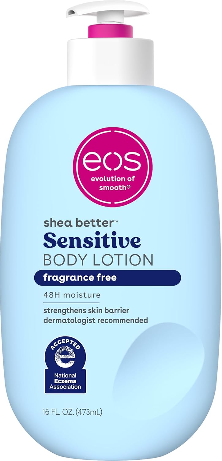 eos Shea Better Sensitive fragrance-free body lotion 16 fl oz light blue pump bottle
