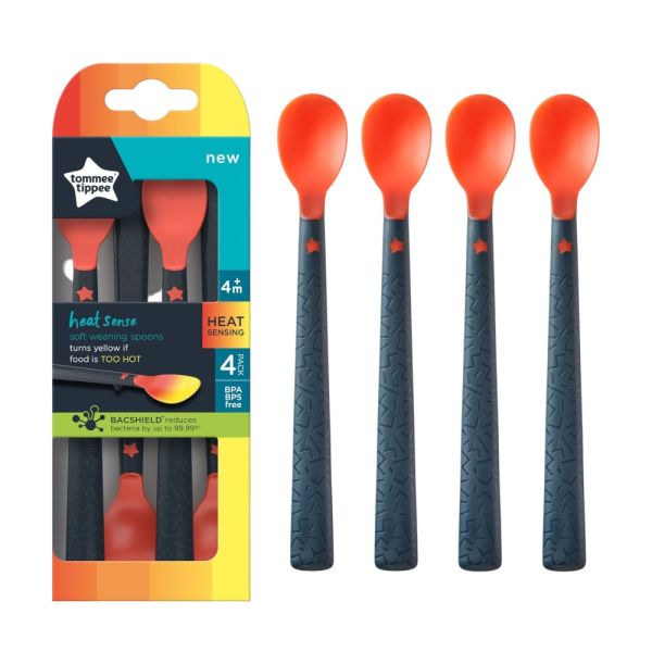 Tommee Tippee Heat Sense soft weaning spoons four pack red and grey