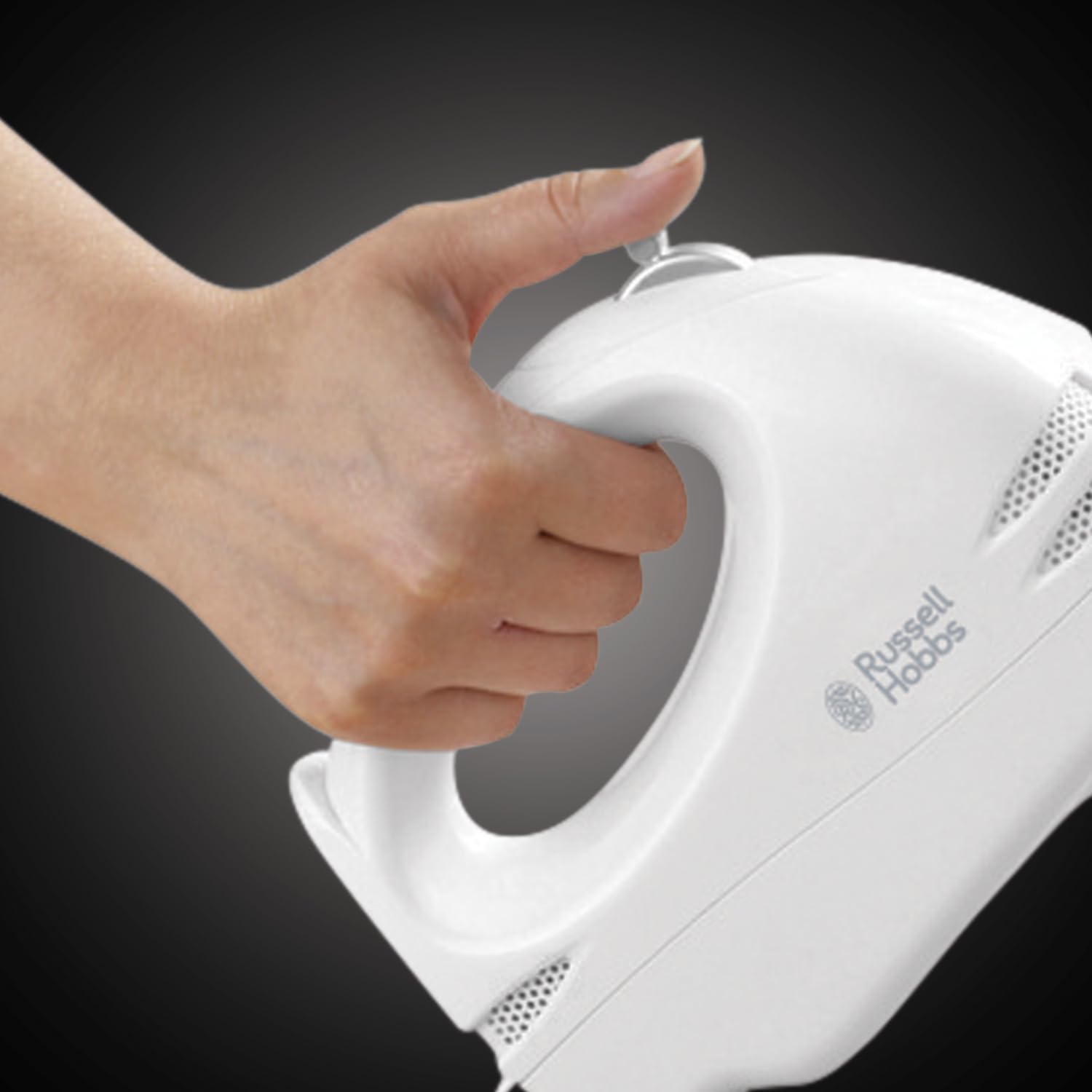 Russell Hobbs white 6 speed hand mixer with beaters and whisk attachments