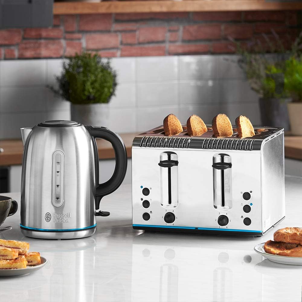 Russell Hobbs Futura 4 slice brushed stainless steel toaster with toast displayed