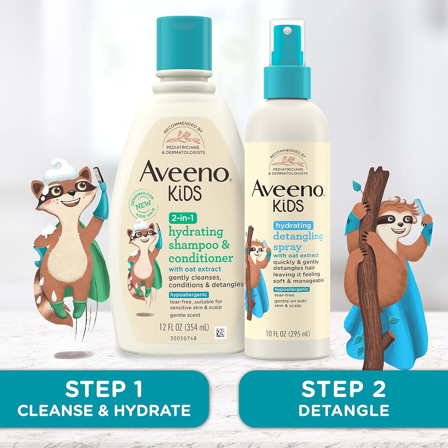 Aveeno Kids 2-in-1 hydrating shampoo and conditioner, 12 fl oz bottle with turquoise cap