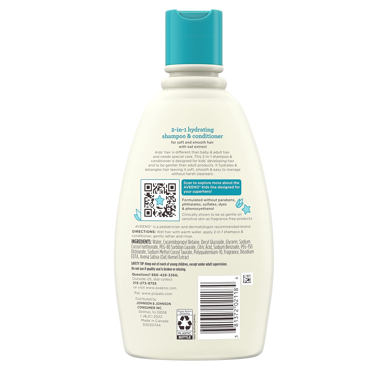 Aveeno Kids 2-in-1 hydrating shampoo and conditioner, 12 fl oz bottle with turquoise cap
