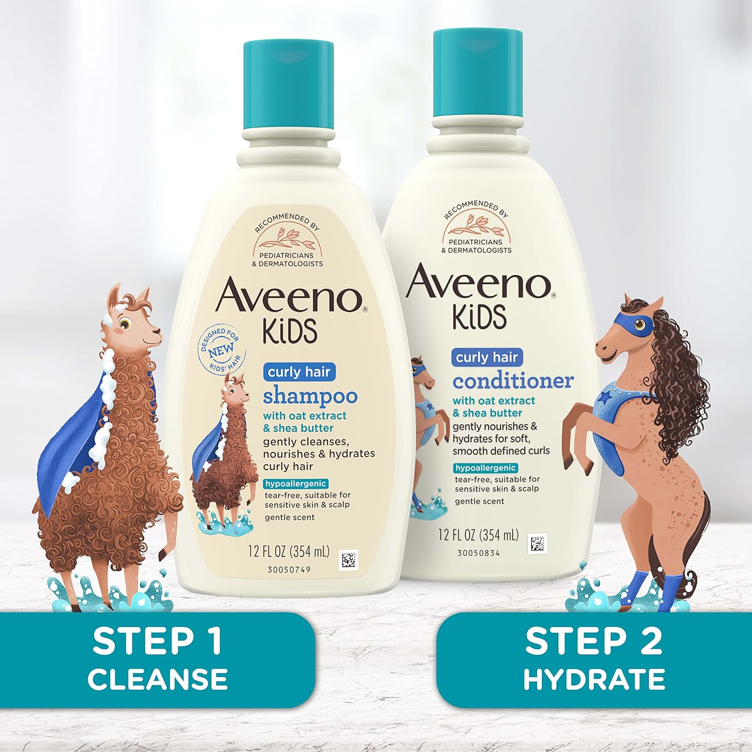 Aveeno Kids curly hair conditioner, 12 fl oz bottle with turquoise cap