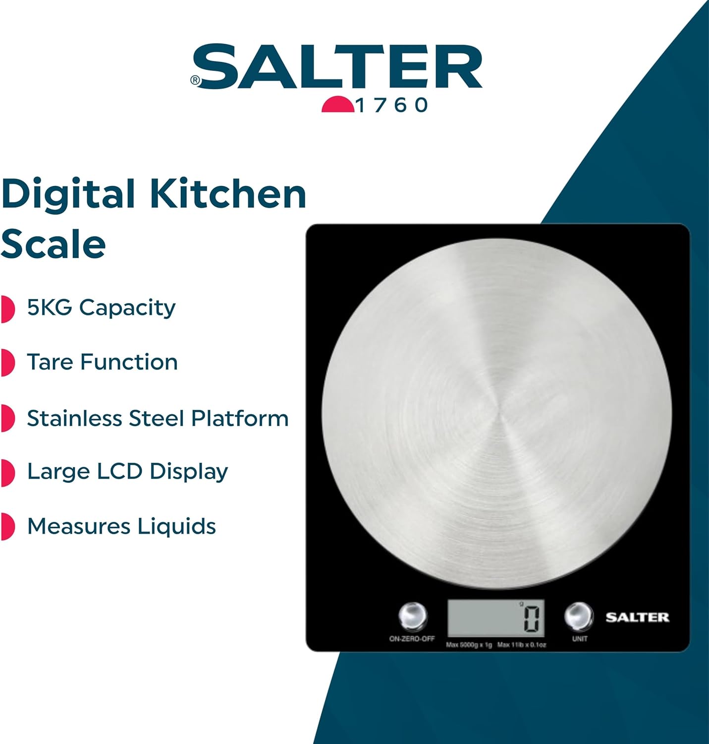 Salter electronic kitchen scale with stainless steel platform, black, 5kg capacity